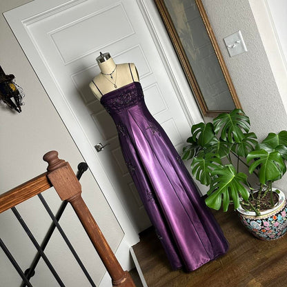 A-line Purple Satin and Tulle Straps Long Party Dress, Purple Floor Length Prom Dress TP2120
