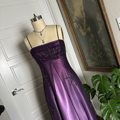 A-line Purple Satin and Tulle Straps Long Party Dress, Purple Floor Length Prom Dress TP2120