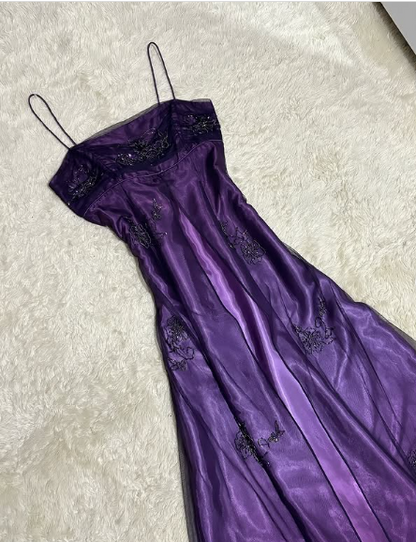 A-line Purple Satin and Tulle Straps Long Party Dress, Purple Floor Length Prom Dress TP2120