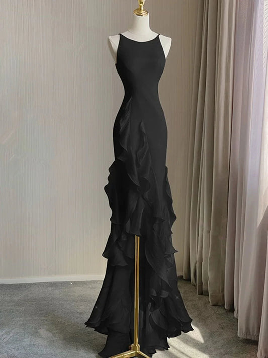 Black Round Neckline Low Back High Low Party Dress, Black Halter Prom Dress TP2124