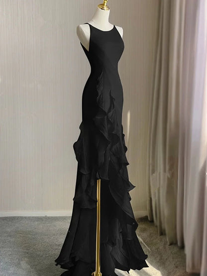 Black Round Neckline Low Back High Low Party Dress, Black Halter Prom Dress TP2124