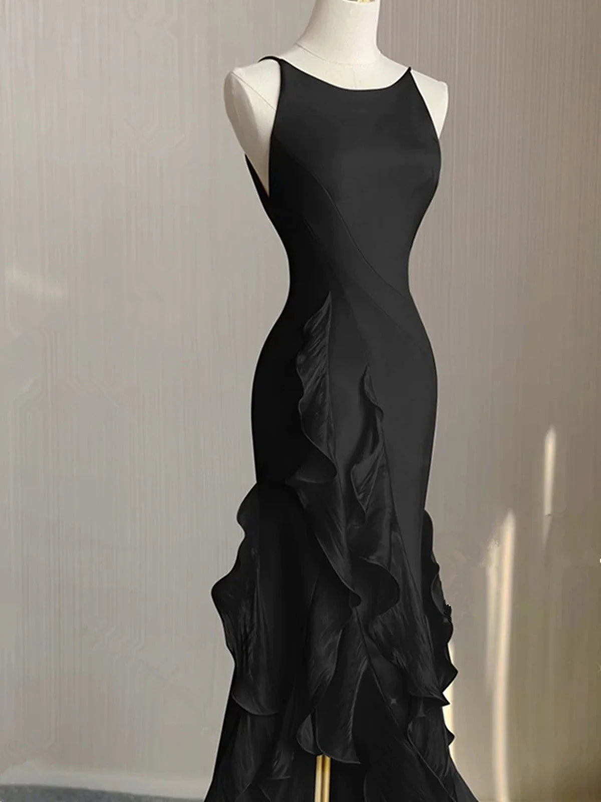 Black Round Neckline Low Back High Low Party Dress, Black Halter Prom Dress TP2124