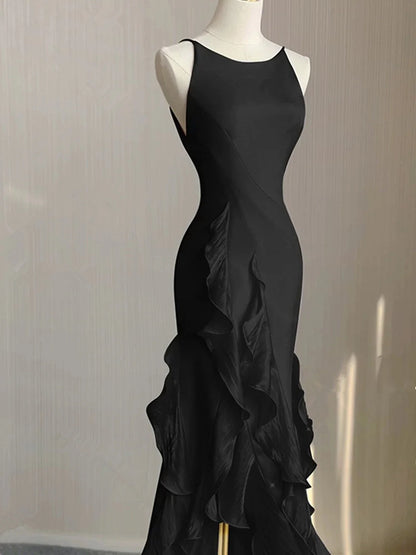 Black Round Neckline Low Back High Low Party Dress, Black Halter Prom Dress TP2124