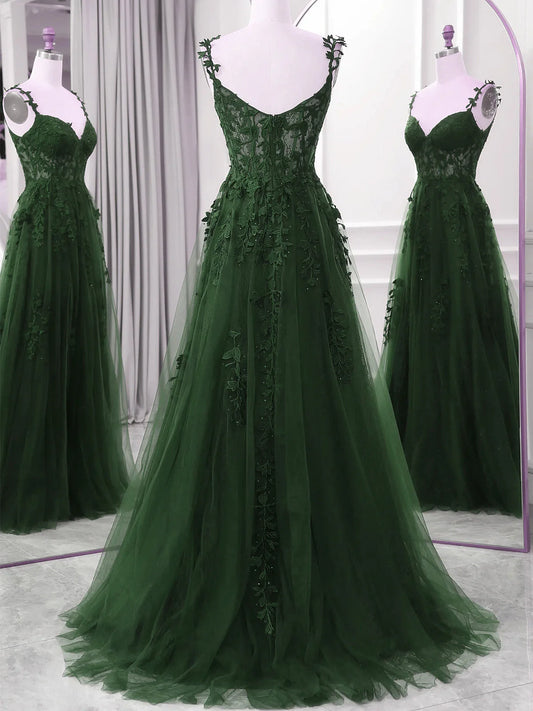 Green A-line Tulle with Lace Straps Floor Length Party Dress, Green Tulle Prom Dress TP2127