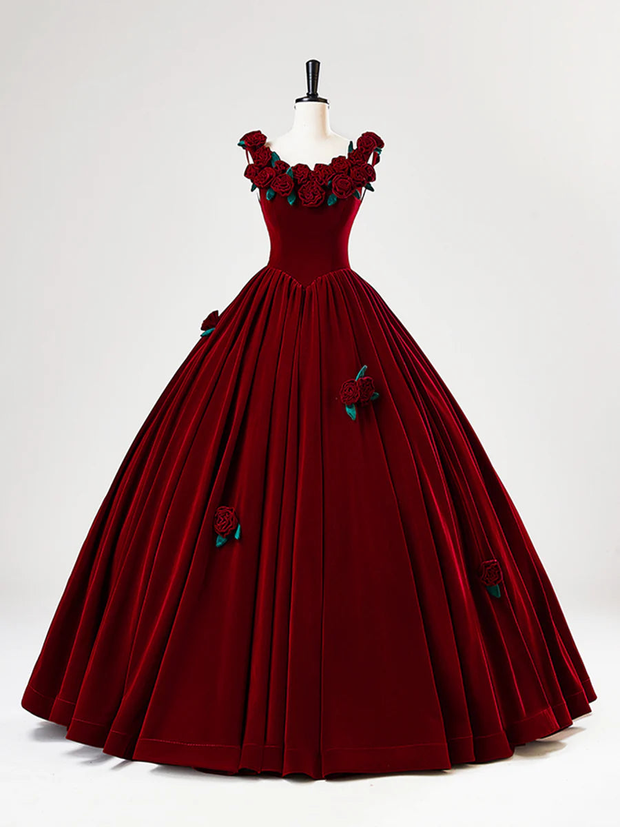 Burgundy Velvet Long Prom Dress with Flower, Beautiful A-Line Formal Party Dress TP2130