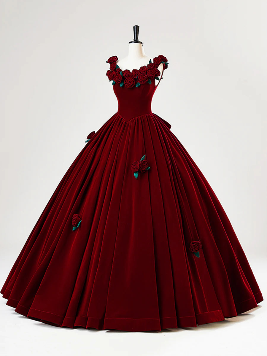 Burgundy Velvet Long Prom Dress with Flower, Beautiful A-Line Formal Party Dress TP2130