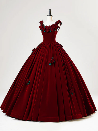Burgundy Velvet Long Prom Dress with Flower, Beautiful A-Line Formal Party Dress TP2130