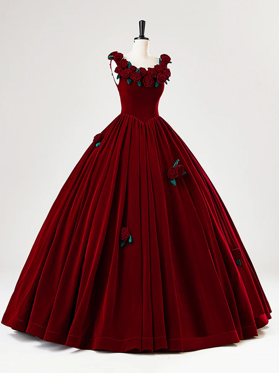 Burgundy Velvet Long Prom Dress with Flower, Beautiful A-Line Formal Party Dress TP2130