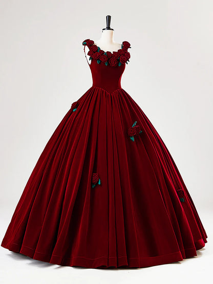 Burgundy Velvet Long Prom Dress with Flower, Beautiful A-Line Formal Party Dress TP2130