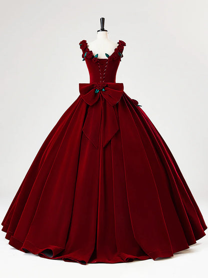 Burgundy Velvet Long Prom Dress with Flower, Beautiful A-Line Formal Party Dress TP2130