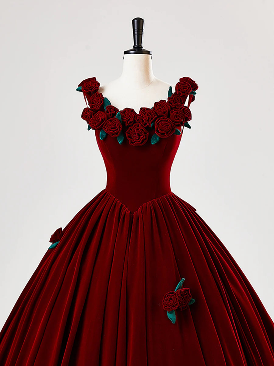 Burgundy Velvet Long Prom Dress with Flower, Beautiful A-Line Formal Party Dress TP2130