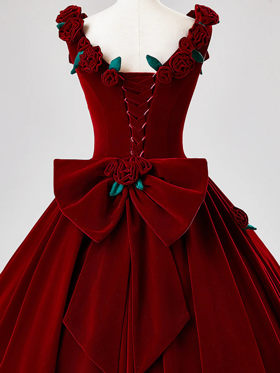Burgundy Velvet Long Prom Dress with Flower, Beautiful A-Line Formal Party Dress TP2130