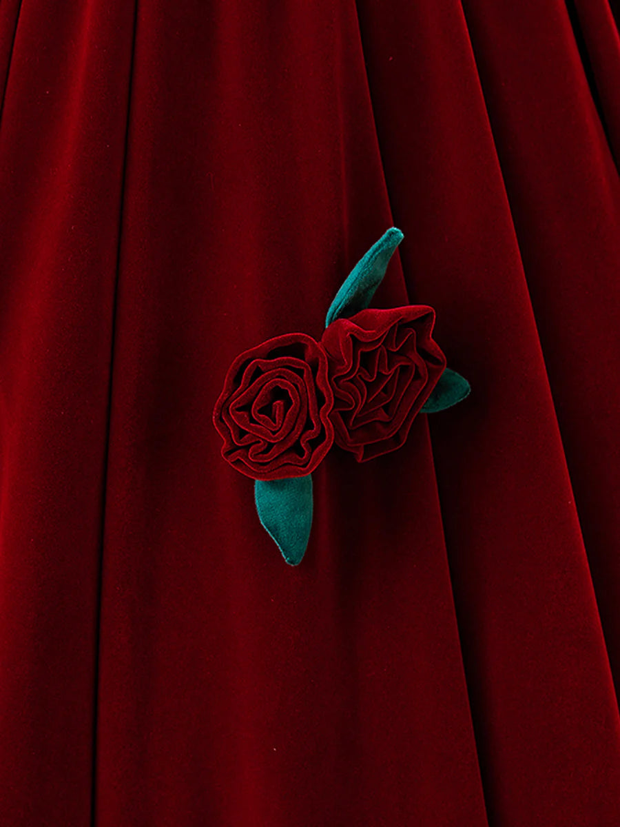 Burgundy Velvet Long Prom Dress with Flower, Beautiful A-Line Formal Party Dress TP2130