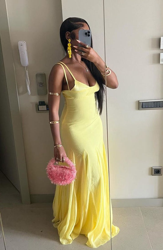 Chic Yellow Strap Low Cut Mermaid Long Ball Gown Evening Dress TP2131