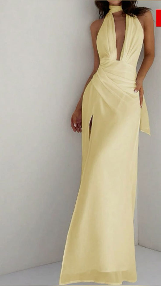 Light Yellow Halter Neck Deep V Neck Backless Chiffon Slit Mermaid Ball Gown Evening Dress TP2132