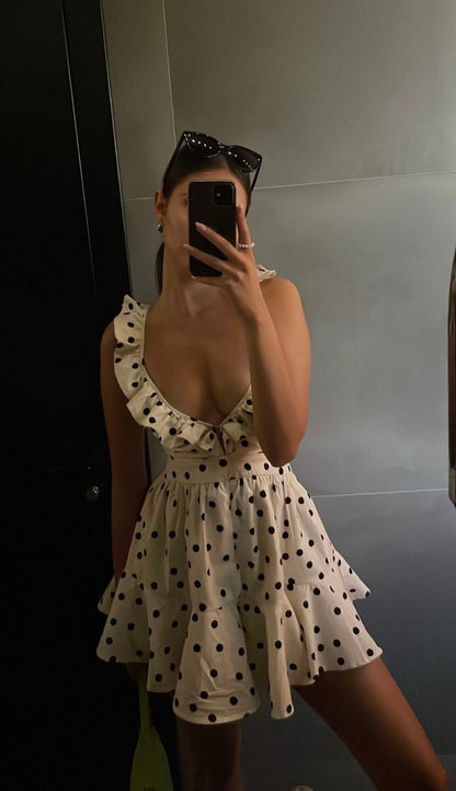 Sexy Black Polka Dot Low Cut Backless Mini Party Dress Prom Dress TP2136