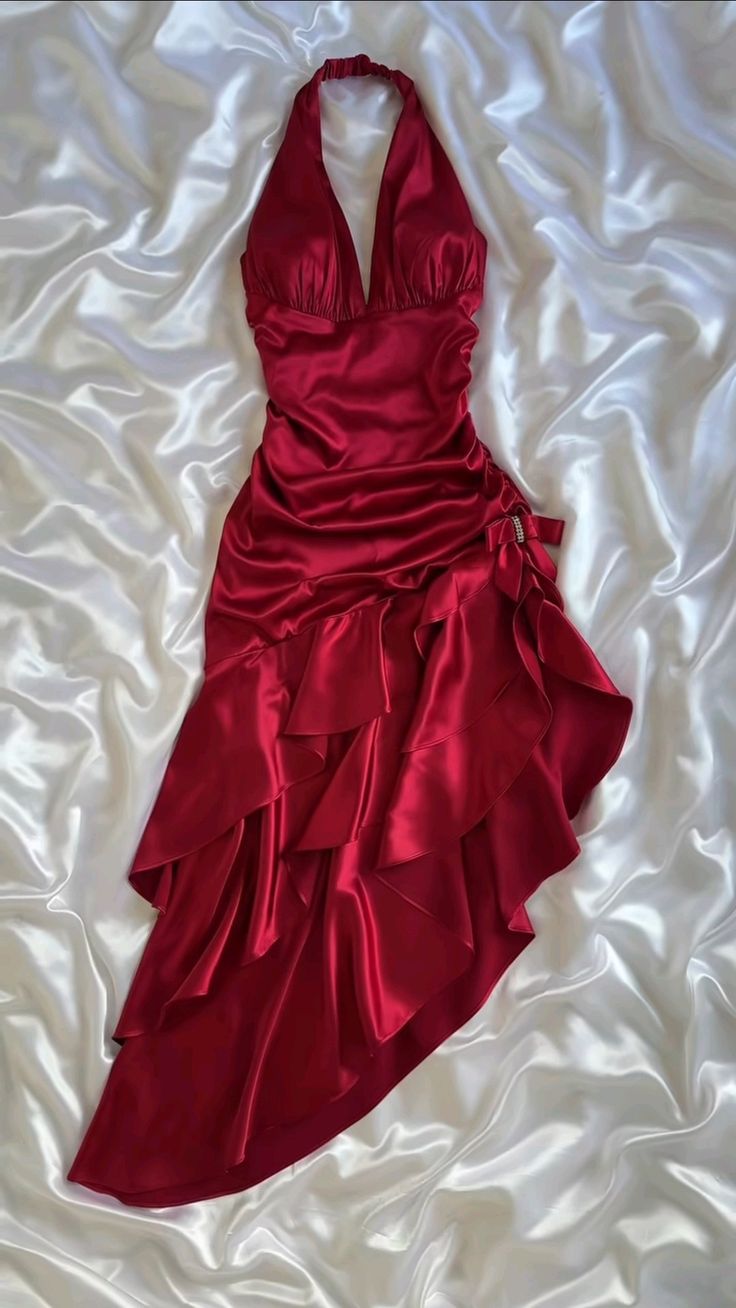 Chic Red Halter Neck Irregular Hem Satin Mermaid Ball Gown TP2140