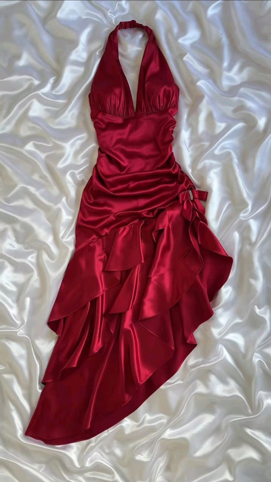 Chic Red Halter Neck Irregular Hem Satin Mermaid Ball Gown TP2140