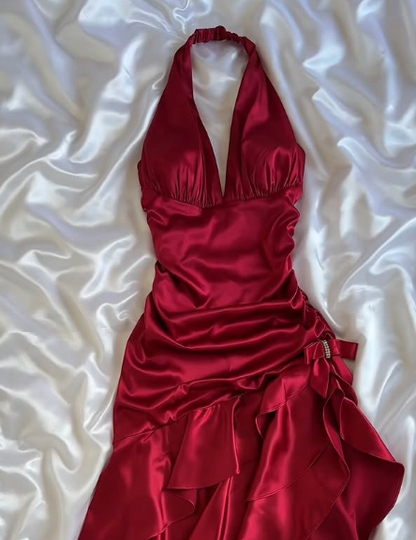 Chic Red Halter Neck Irregular Hem Satin Mermaid Ball Gown TP2140