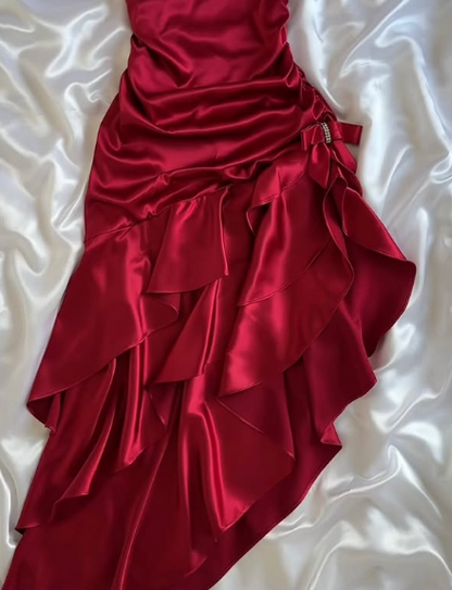 Chic Red Halter Neck Irregular Hem Satin Mermaid Ball Gown TP2140