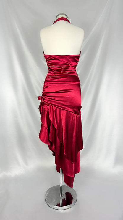 Chic Red Halter Neck Irregular Hem Satin Mermaid Ball Gown TP2140