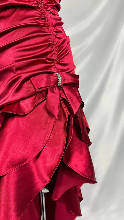 Chic Red Halter Neck Irregular Hem Satin Mermaid Ball Gown TP2140