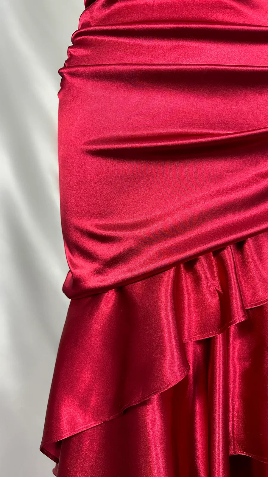 Chic Red Halter Neck Irregular Hem Satin Mermaid Ball Gown TP2140