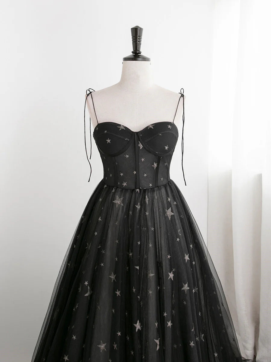 Charming Black Sweethart Tulle Straps A-line Long Formal Dress, Black Prom Dress TP2143