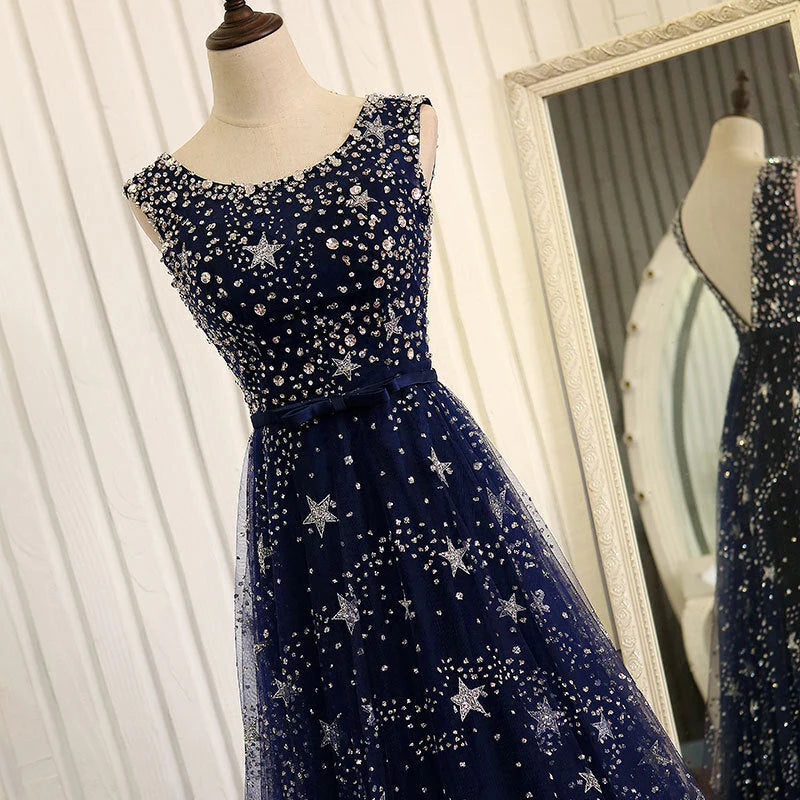 Blue Tulle Simple A-line Long Formal Dress, Blue Prom Dress Graduation Dress TP2144