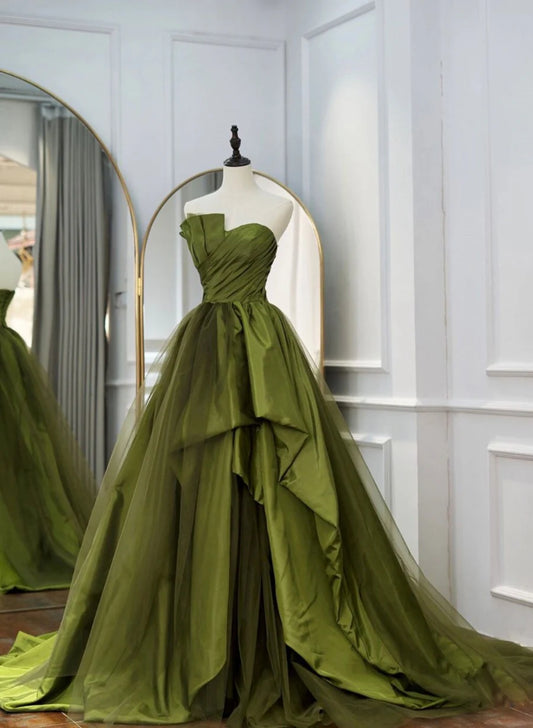 Green Satin and Tulle Long Formal Dress Party Dress, Green Ruffle Tiered Prom Dresses TP2145