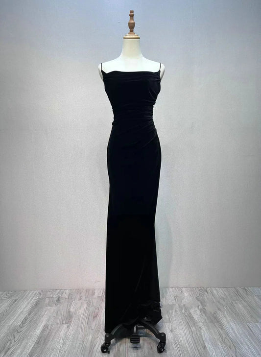 Black Mermaid Velvet  Long Party Dress, Black Straps Prom Dress Formal Dress TP2146