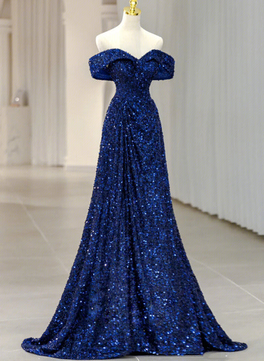 Blue Sequins Sweetheart Off Shoulder Evening Dress, A-Line Blue Long Party Dress Prom Dress TP2147