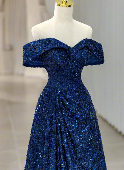 Blue Sequins Sweetheart Off Shoulder Evening Dress, A-Line Blue Long Party Dress Prom Dress TP2147