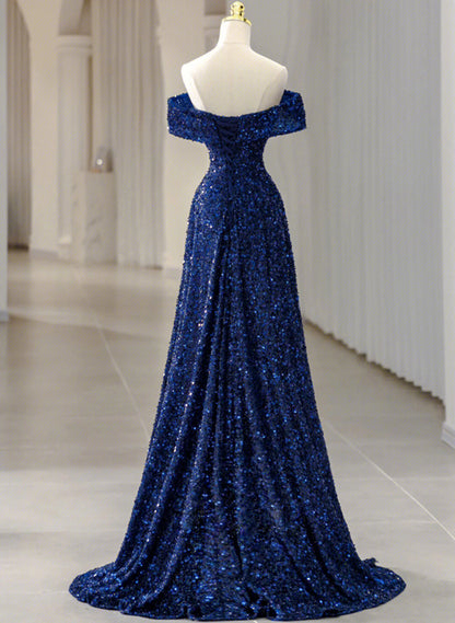Blue Sequins Sweetheart Off Shoulder Evening Dress, A-Line Blue Long Party Dress Prom Dress TP2147