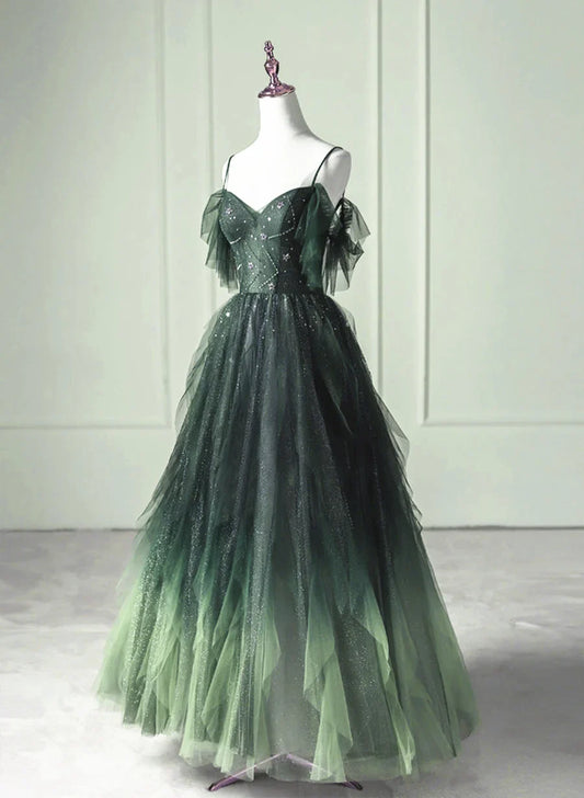 Green Gradient Tulle A-line Long Formal Dress, Green Beaded Straps Party Dress Prom Dress TP2150