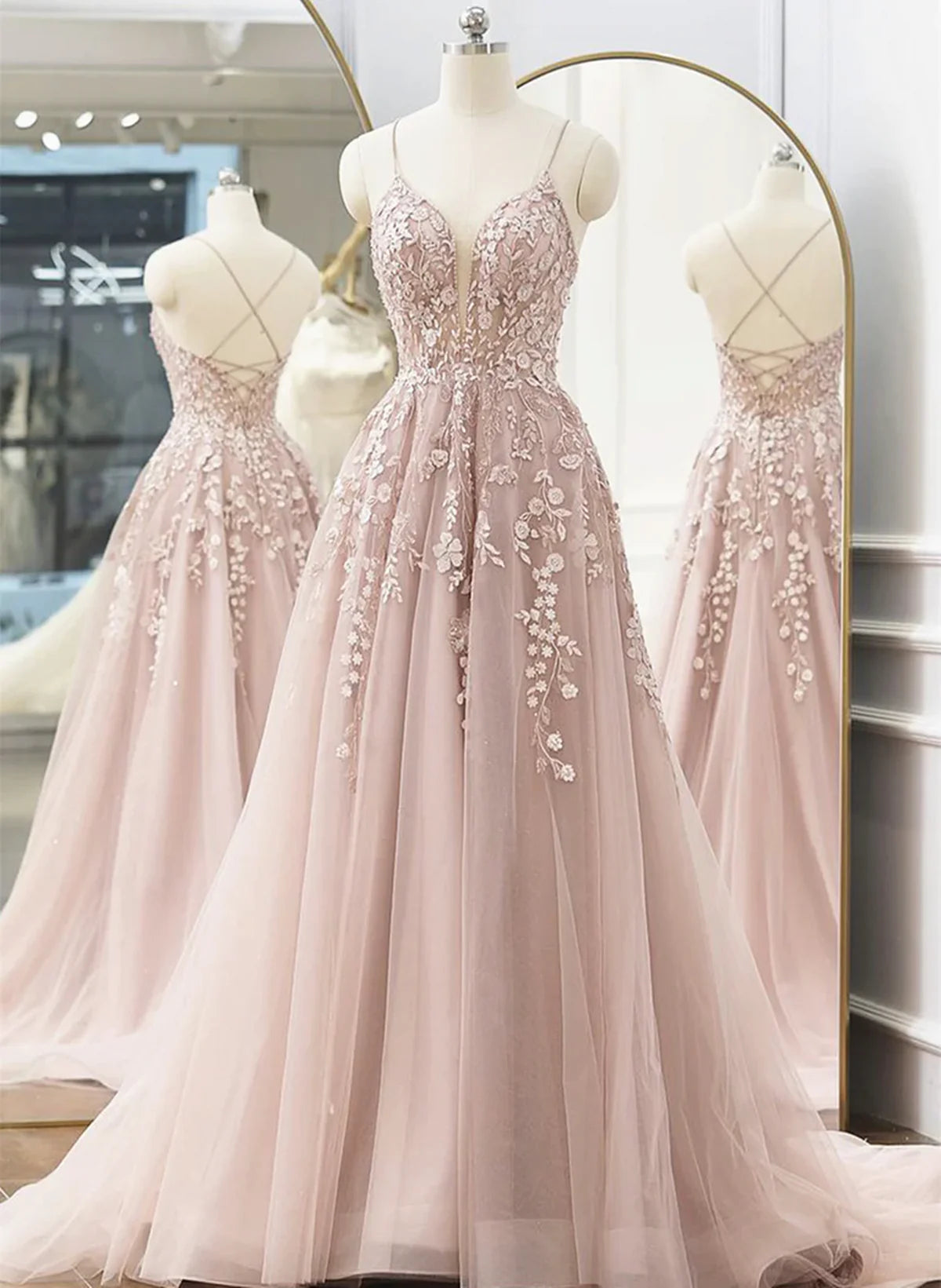 Pink Tulle A-line Long Prom Dress, Pink Tulle with Lace Party Dress Prom Dress TP2152