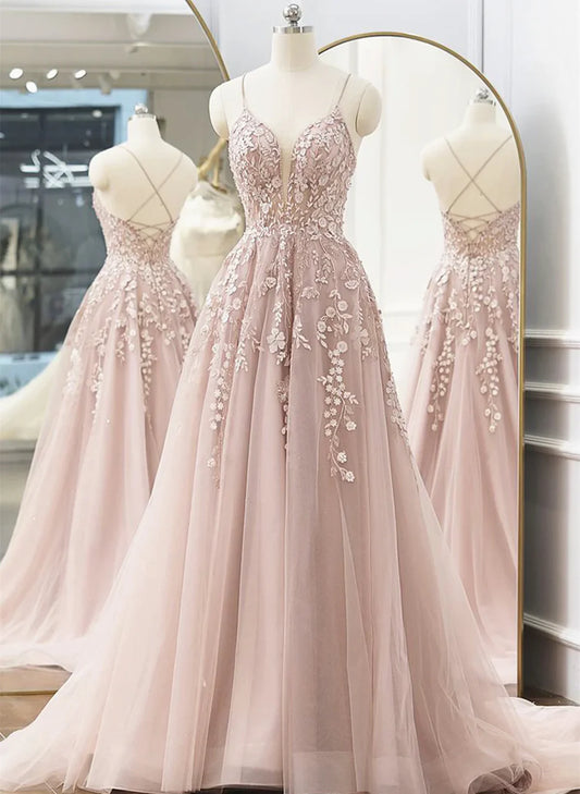 Pink Tulle A-line Long Prom Dress, Pink Tulle with Lace Party Dress Prom Dress TP2152