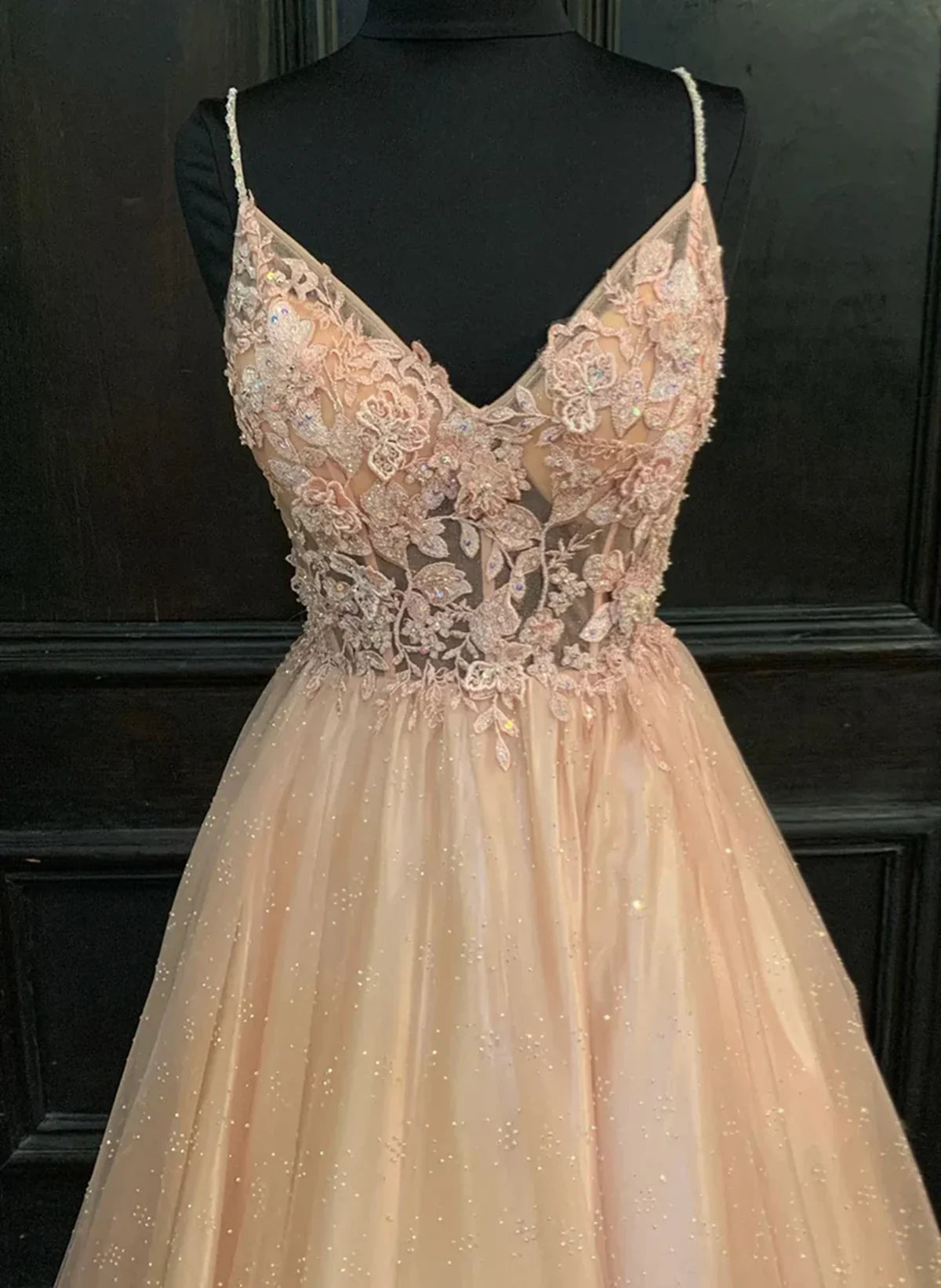 Pink Tulle with Lace Applique Beaded V-neckline Prom Dress, Pink Long Party Dress TP2153
