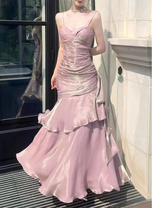 Pink Satin Mermaid Straps Long Formal Dress, Pink Floor Length Prom Dress TP2155
