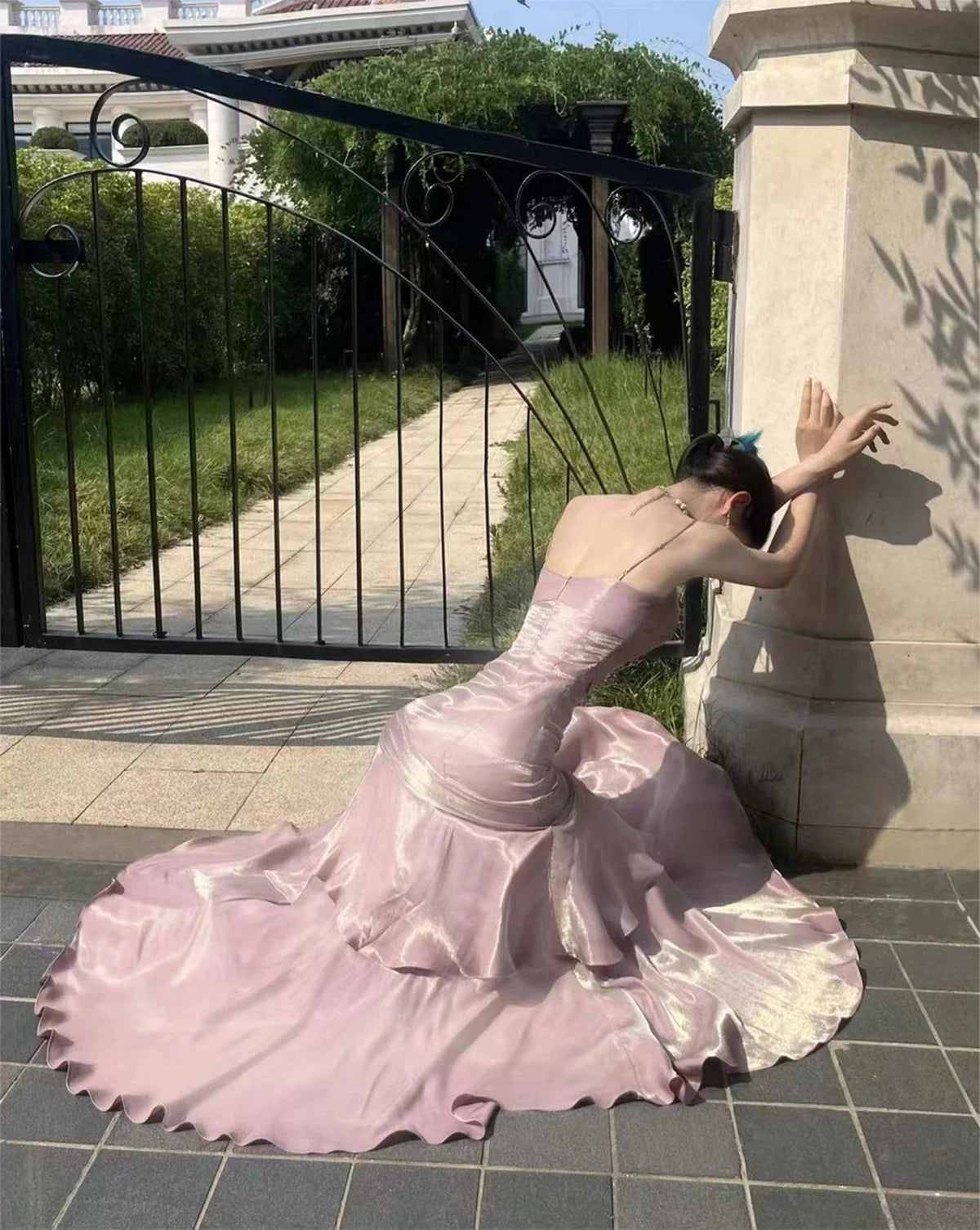 Pink Satin Mermaid Straps Long Formal Dress, Pink Floor Length Prom Dress TP2155