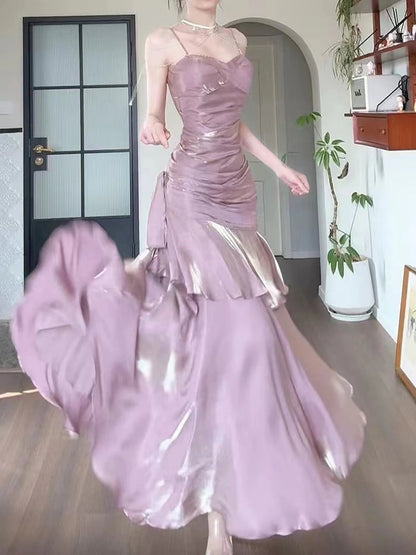 Pink Satin Mermaid Straps Long Formal Dress, Pink Floor Length Prom Dress TP2155