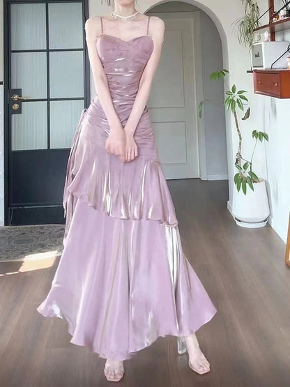 Pink Satin Mermaid Straps Long Formal Dress, Pink Floor Length Prom Dress TP2155