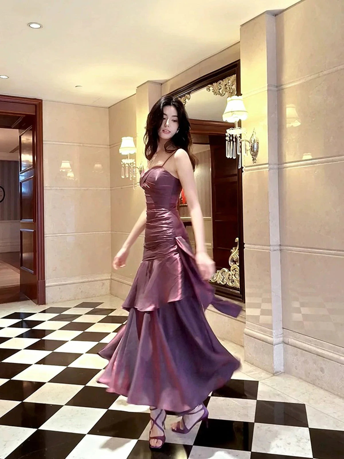 Purple Satin Straps Mermaid Long Formal Dress, Purple Prom Dress Evening Dress TP2157