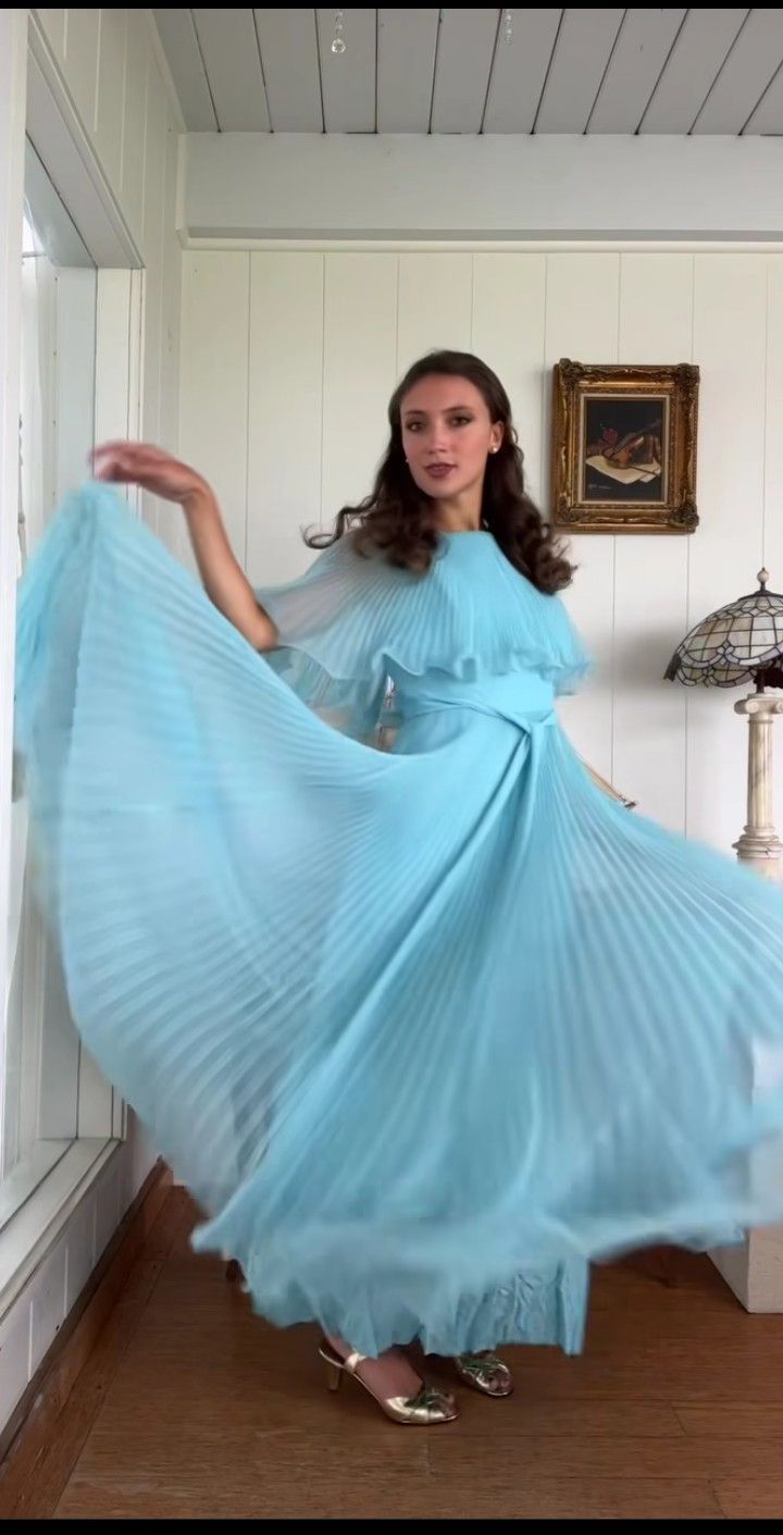 Elegant blue A-line ankle length pleated formal prom dress evening gown TP2160
