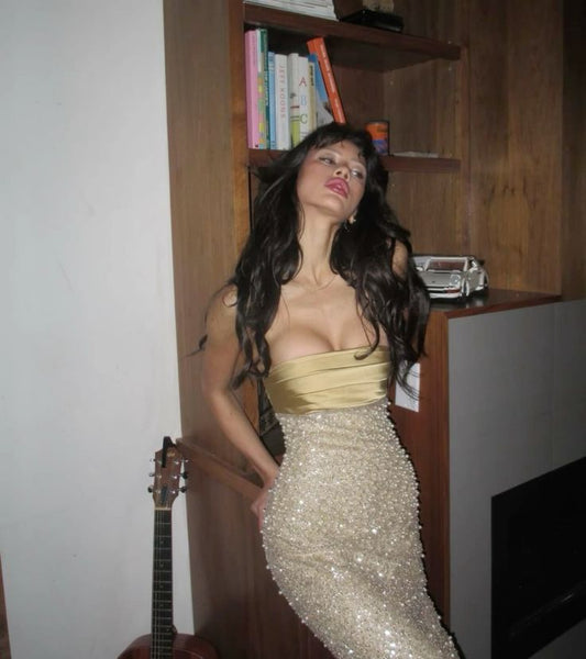 Elegant Gold Mermaid Strapless Pearl Length Ankle Ball Gown Evening Dress TP2163