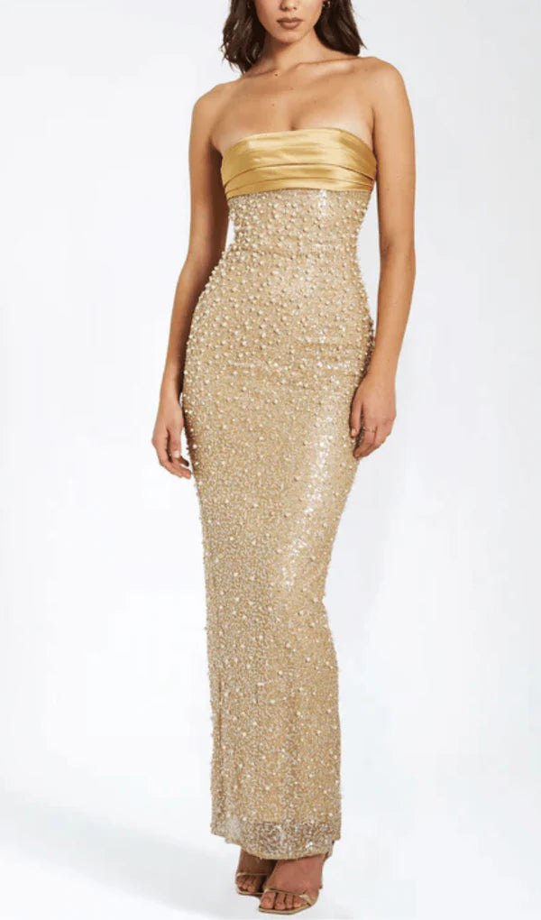 Elegant Gold Mermaid Strapless Pearl Length Ankle Ball Gown Evening Dress TP2163