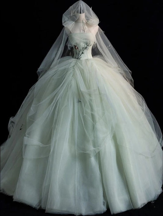 Elegant Green A-line Off-shoulder Sleeveless Tulle Formal Prom Gown Evening Dress TP2166