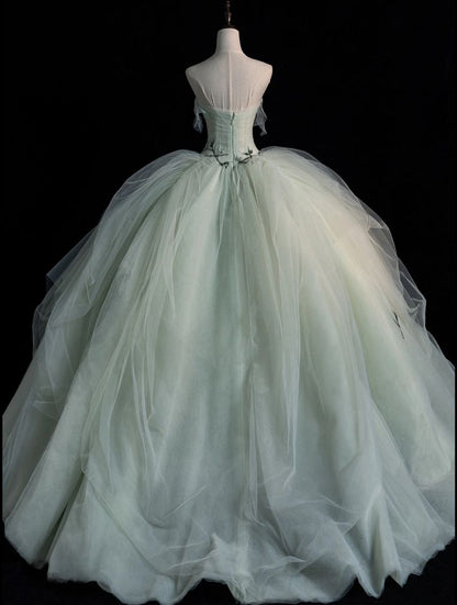 Elegant Green A-line Off-shoulder Sleeveless Tulle Formal Prom Gown Evening Dress TP2166