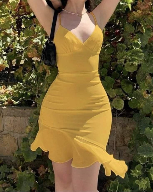 Simple Yellow Mermaid Strap V Neck Ruffle Mini Party Dress Homecoming Dress TP2168