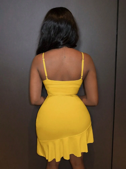 Simple Yellow Mermaid Strap V Neck Ruffle Mini Party Dress Homecoming Dress TP2168